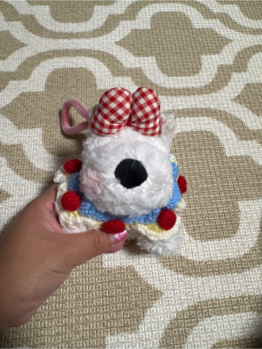 White dog keychain with red polka dots and blue trim #kawaii #cute